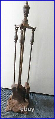 Antique Vtg Tudor Gothic Art Deco Fireplace Tool Set with Stand Iron Brass 3 pc