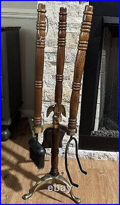 Antique Wood Handle & Eagle Brass/wooden Base Fireplace 3 Tools Set Rustic