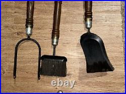 Antique Wood Handle & Eagle Brass/wooden Base Fireplace 3 Tools Set Rustic