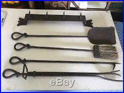 Antique Wrought Iron Fireplace Tool Set Wall Mount