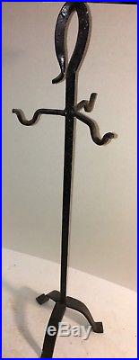 Antique Wrought Iron Fireplace Tools Hand Forged 3 Pc Set W Stand