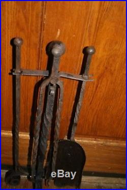 Antique Wrought Iron Fireplace Tools Hand Forged 3 Piece Set with Stand