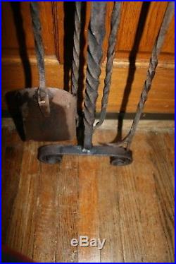 Antique Wrought Iron Fireplace Tools Hand Forged 3 Piece Set with Stand