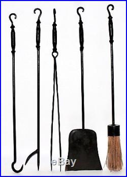 Antique Wrought Iron Hand Forged Fireplace Tools with Stand 7 Piece Set