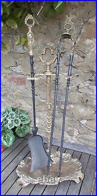 Antique brass fire irons, hearth tools, umbrella stand, companion set, French