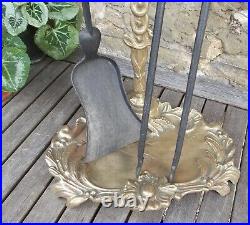 Antique brass fire irons, hearth tools, umbrella stand, companion set, French