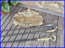 Antique brass fire irons, hearth tools, umbrella stand, companion set, French