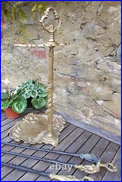 Antique brass fire irons, hearth tools, umbrella stand, companion set, French