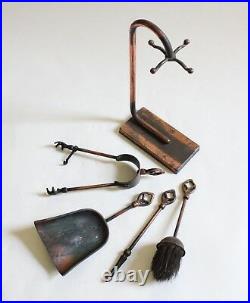 Antique fireplace tool set japanned flashed copper deco vtg victorian