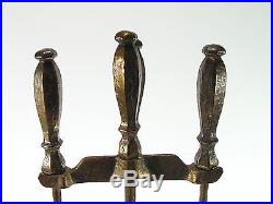 Antique hammered brass fireplace tools 3 piece set poker brush shovel stand 1912