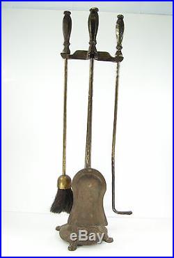 Antique hammered brass fireplace tools 3 piece set poker brush shovel stand 1912