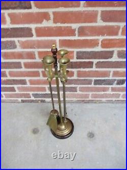 Antique or Vtg 5 Pc Brass Fireplace Tool Set French Horns Cherry Base 25 tall