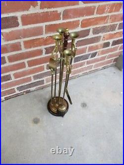 Antique or Vtg 5 Pc Brass Fireplace Tool Set French Horns Cherry Base 25 tall