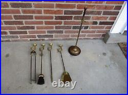 Antique or Vtg 5 Pc Brass Fireplace Tool Set French Horns Cherry Base 25 tall