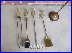 Antique or Vtg 5 Pc Brass Fireplace Tool Set French Horns Cherry Base 25 tall