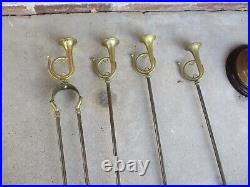 Antique or Vtg 5 Pc Brass Fireplace Tool Set French Horns Cherry Base 25 tall