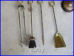 Antique or Vtg 5 Pc Brass Fireplace Tool Set French Horns Cherry Base 25 tall