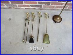 Antique or Vtg 5 Pc Brass Fireplace Tool Set French Horns Cherry Base 25 tall