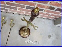 Antique or Vtg 5 Pc Brass Fireplace Tool Set French Horns Cherry Base 25 tall