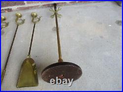 Antique or Vtg 5 Pc Brass Fireplace Tool Set French Horns Cherry Base 25 tall
