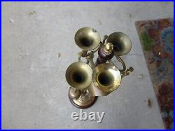 Antique or Vtg 5 Pc Brass Fireplace Tool Set French Horns Cherry Base 25 tall