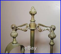 Antique ornate two piece brass cast iron fireplace tool set poker grabber