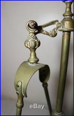 Antique ornate two piece brass cast iron fireplace tool set poker grabber