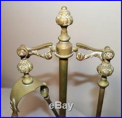 Antique ornate two piece brass cast iron fireplace tool set poker grabber