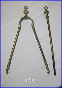 Antique ornate two piece brass cast iron fireplace tool set poker grabber