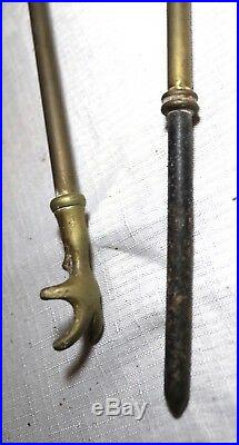 Antique ornate two piece brass cast iron fireplace tool set poker grabber