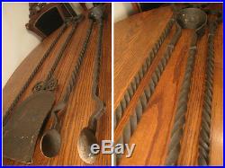 Antique rare gigantic hand wrought solid iron fireplace tool set + pair andirons