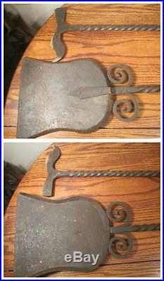Antique rare gigantic hand wrought solid iron fireplace tool set + pair andirons