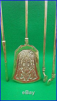 Antique solid brass large, heavy fireplace tools set accessories & fire dogs