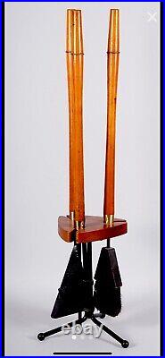 Arthur Umanoff MCM 3 Piece Wooden Fireplace Tool Set With Stand Brass Detail