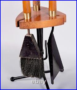 Arthur Umanoff MCM 3 Piece Wooden Fireplace Tool Set With Stand Brass Detail