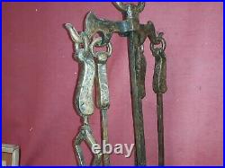 Arts And Crafts Brutalist Iron Fireplace Tools Set Antique
