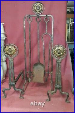Arts And Crafts Wrought Iron And Bronze Fireplace Set Andirons Tools
