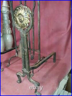 Arts And Crafts Wrought Iron And Bronze Fireplace Set Andirons Tools