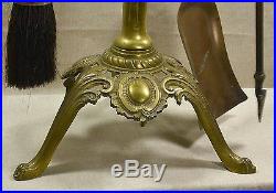 BRASS 5 PC SET FIREPLACE TOOLS STAND DRAGON GRIFFIN VICTORIAN MEDALLIONS VINTAGE