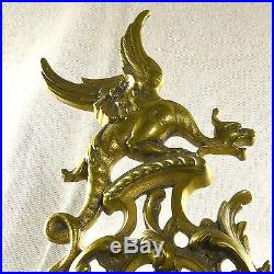 BRASS 5 PC SET FIREPLACE TOOLS STAND DRAGON GRIFFIN VICTORIAN MEDALLIONS VINTAGE