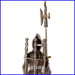 Barton Fireplace Tool Set 4-Pcs Cast-Iron Medieval Knight Design Antique Brass