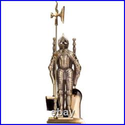 Barton Fireplace Tool Set 4-Piece Medieval Knight Style Cast-Iron Antique Brass