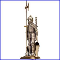 Barton Fireplace Tool Set 4-Piece Medieval Knight Style Cast-Iron Antique Brass
