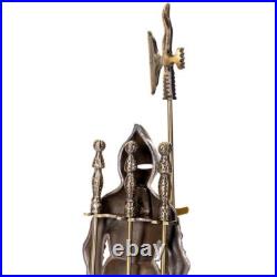 Barton Fireplace Tool Set 4-Piece Medieval Knight Style Cast-Iron Antique Brass