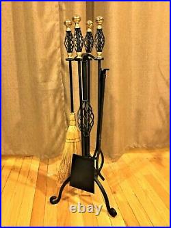 Basket Weave Tool Set Vintage Brass Finished Cast Wrought Iron 5 Piece Set