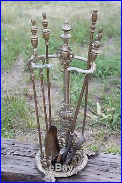 Beautiful Baroque Style Cast Brass Fireplace 5 Piece Tool Set +1 Extra 23 VTG