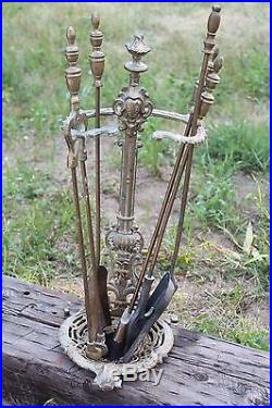 Beautiful Baroque Style Cast Brass Fireplace 5 Piece Tool Set +1 Extra 23 VTG