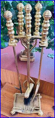 Beautiful Vintage Heavy Brass Fireplace Tool Set with Stand 31 Tall (5 pcs)