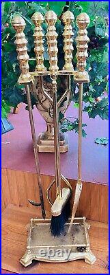 Beautiful Vintage Heavy Brass Fireplace Tool Set with Stand 31 Tall (5 pcs)