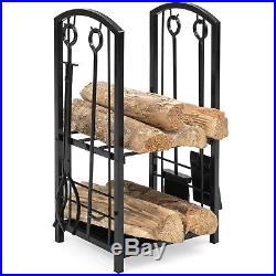 Best Choice Products Fireplace Log Rack with Hook, Broom, Shovel, Tong (Black)